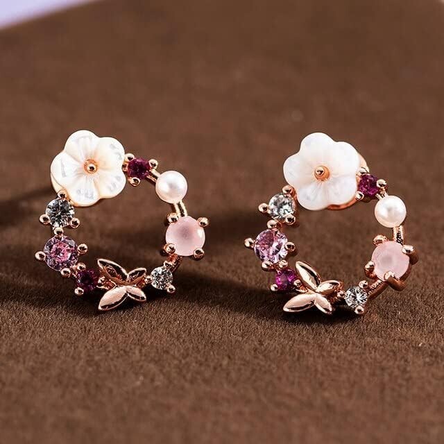 Circle Flower Pearl Stud Earrings 925 Sterling Earring Minimalist Women Jewelry