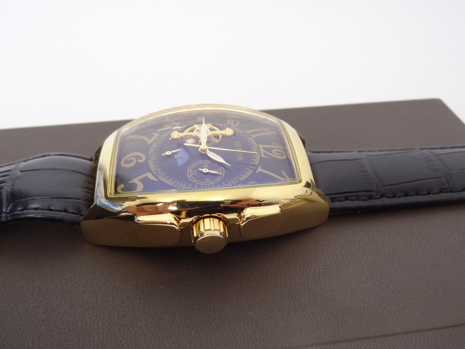 SEWOR Skeleton Watch Mechanical Automatic Self-Wind Leather Bracelet Moon Phase