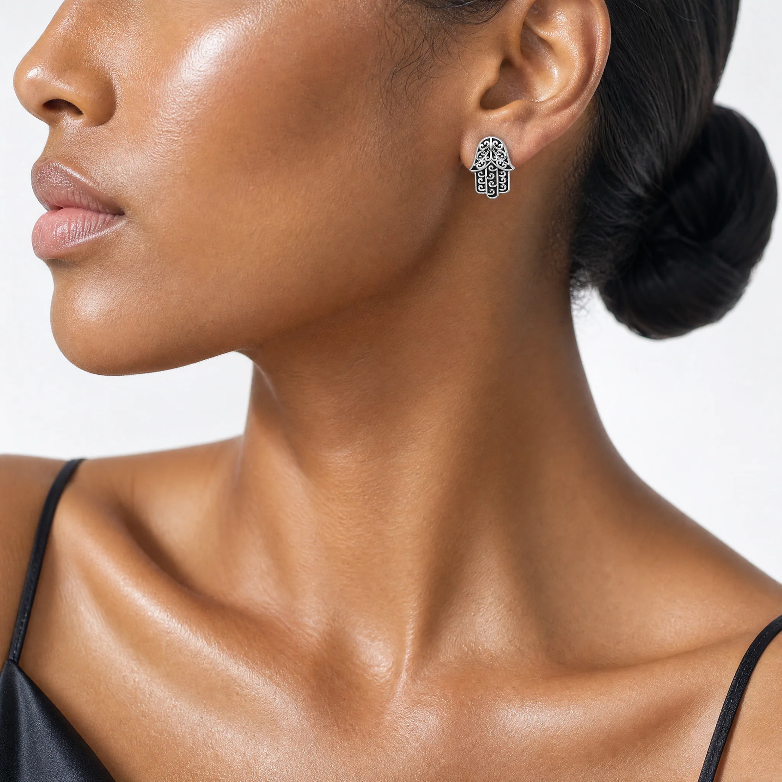 Sterling Silver RH-Plated Polished/Oxidized Filigree Hamsa Post Earrings