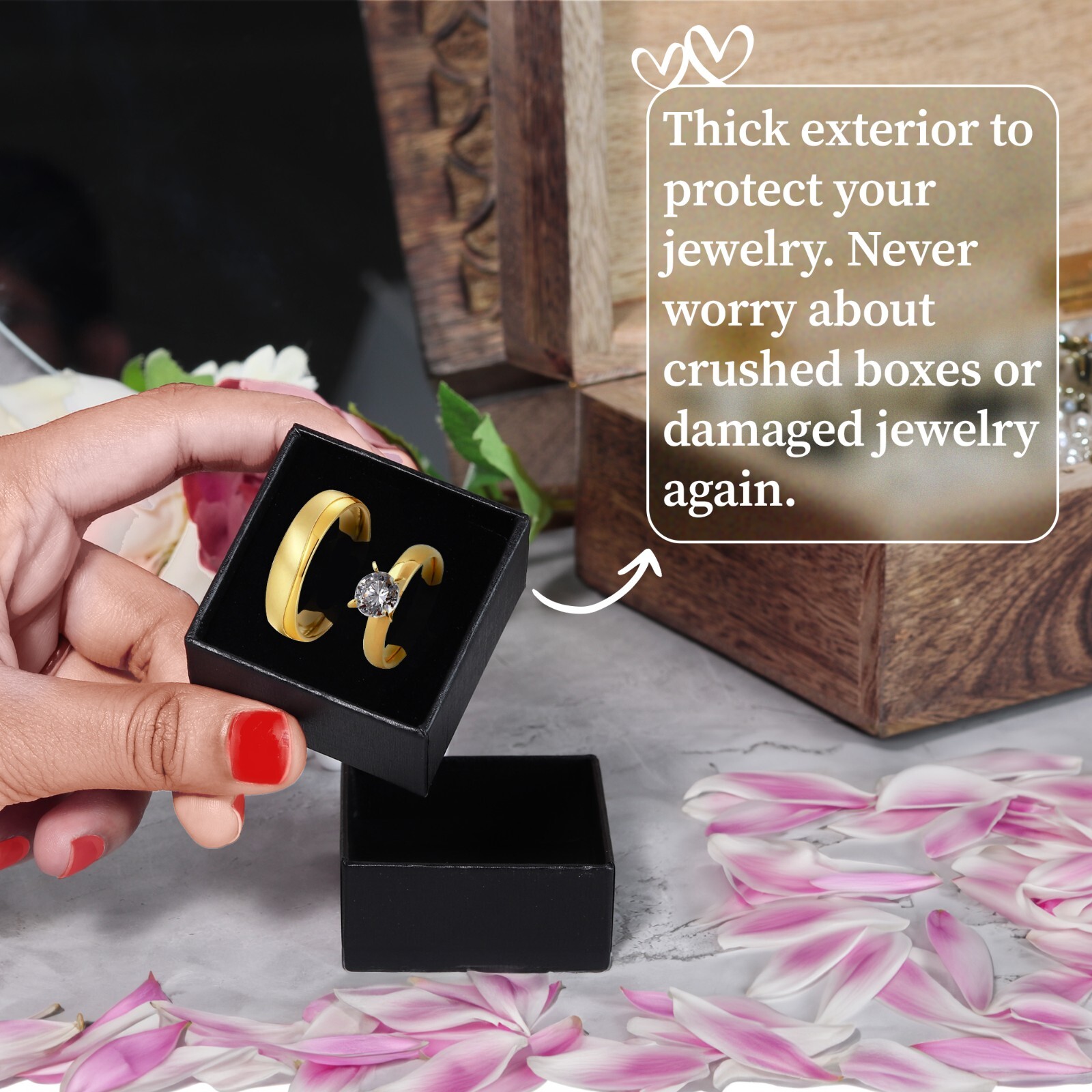 Wholesale Black Double Ring Gift Box with Foam and Velvet Insert 2 x 2 x 1.25 in