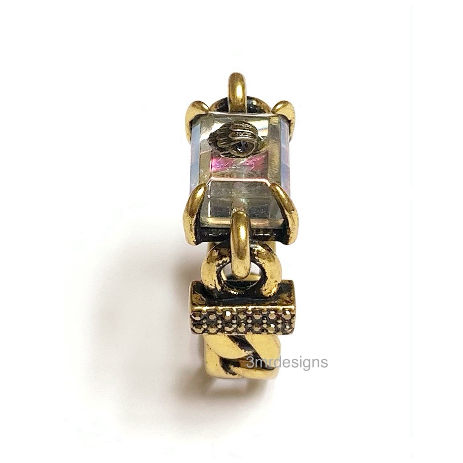 NIB KURT GEIGER EAGLE HEAD Antique Gold Tone Iridescent Crystal Ring-Sz.9