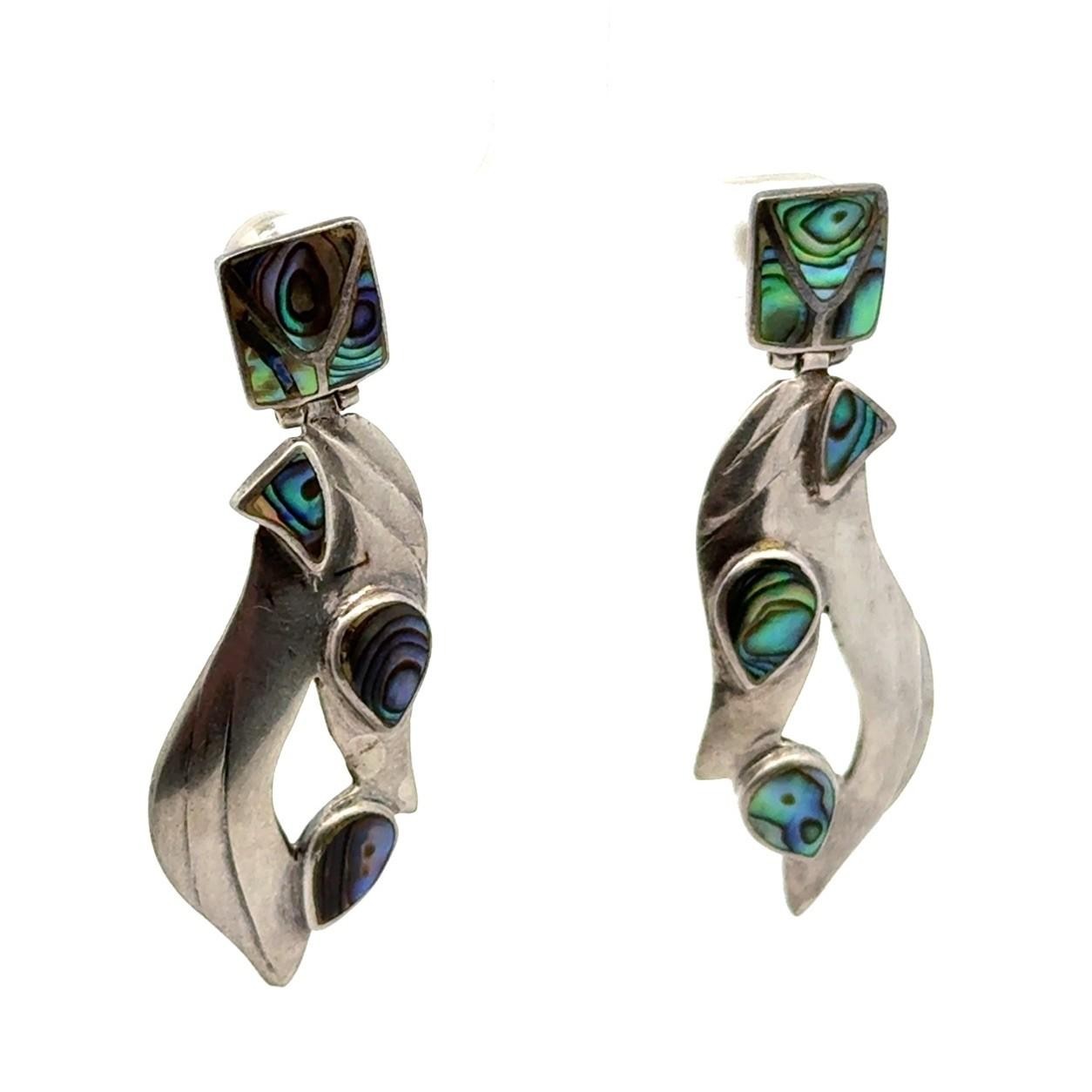Vintage .925 Sterling Silver Abalone Bezel Set Earrings, 12.0g