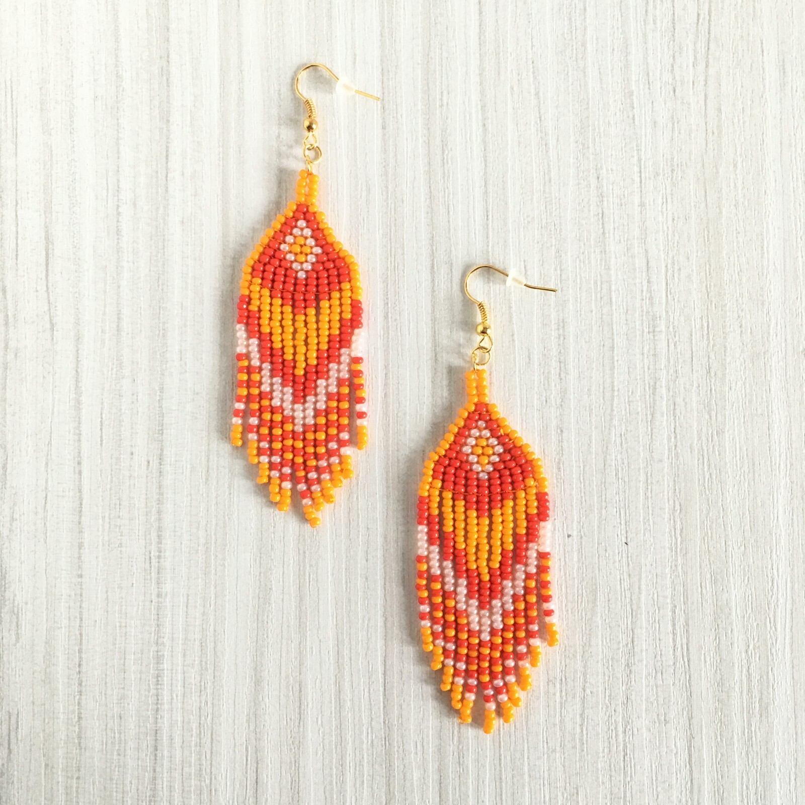 Orange red beaded earrings, Halloween seed bead earrings with fringe