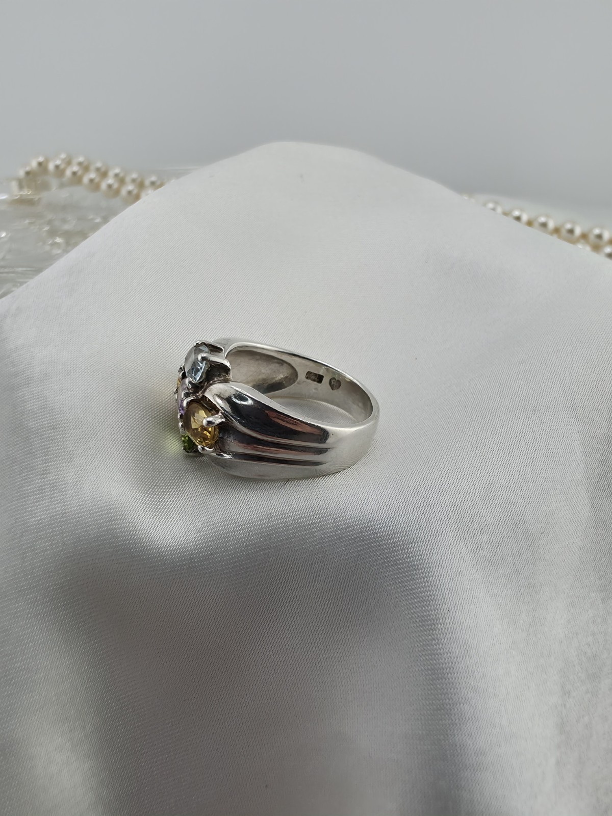 Vintage Sterling Silver 5 Gemstone Cluster Ring Amethyst Peridot Citrine Sz 7.5