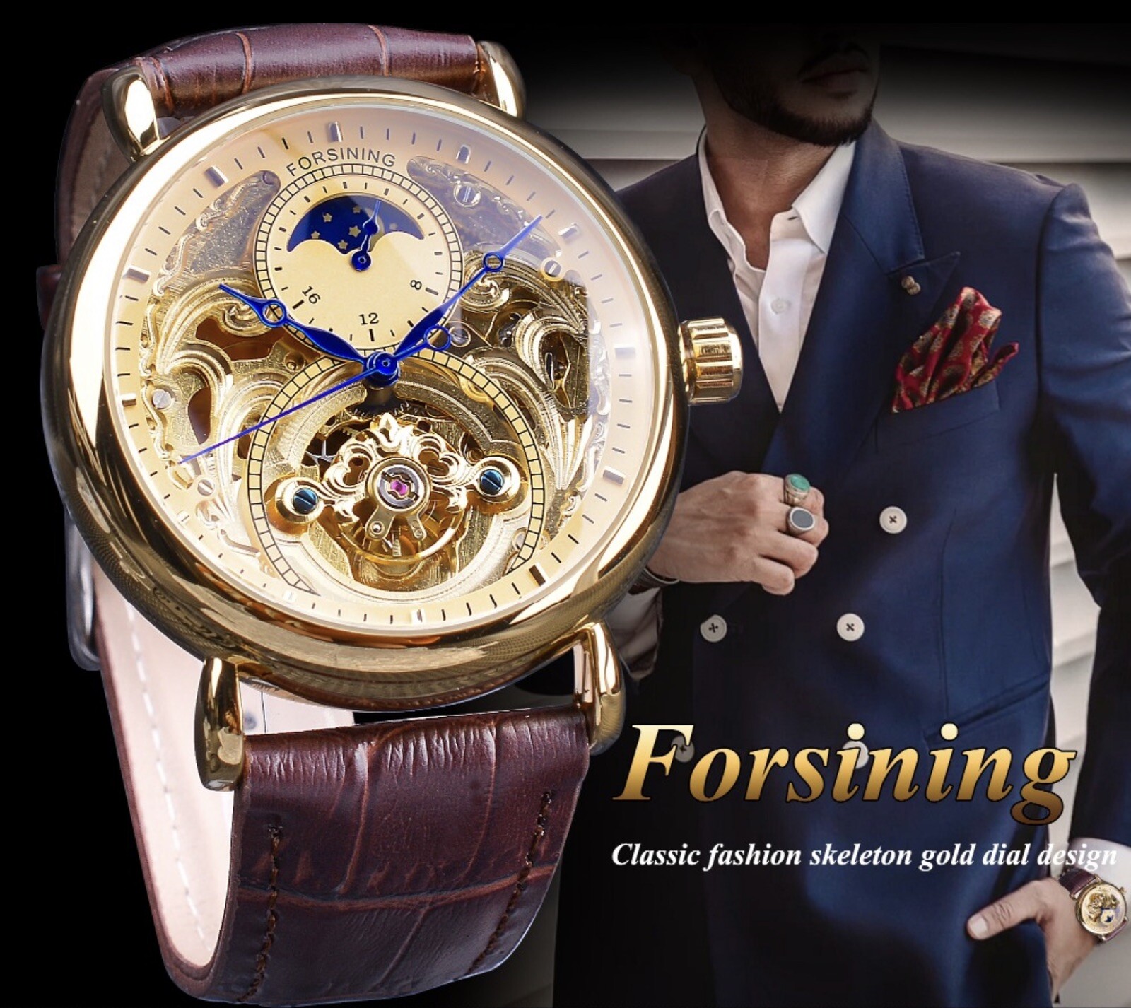 ⌚￼ Forsining Men’s Automatic Self Winding Moon Dial Self Winding Business Watch