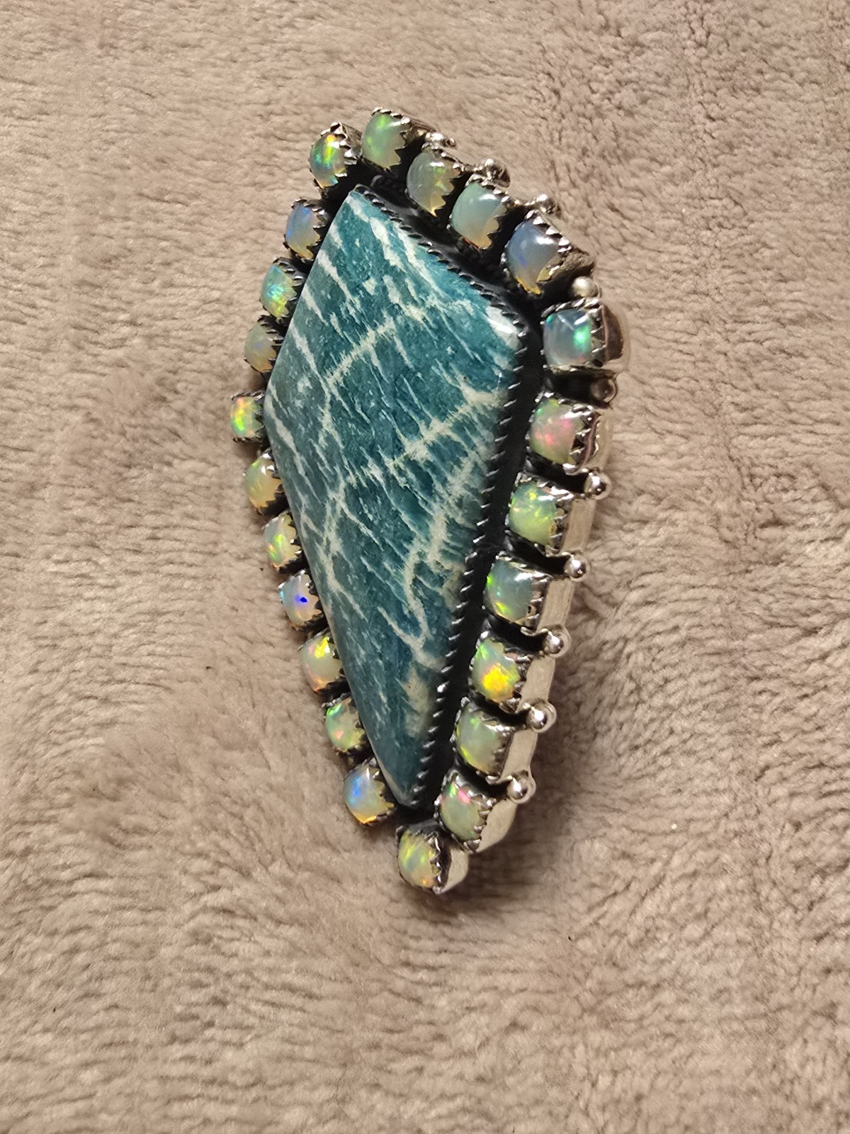 Massive Amazonite & Opal Gemstone Sterling Silver Adjustable Kite Ring