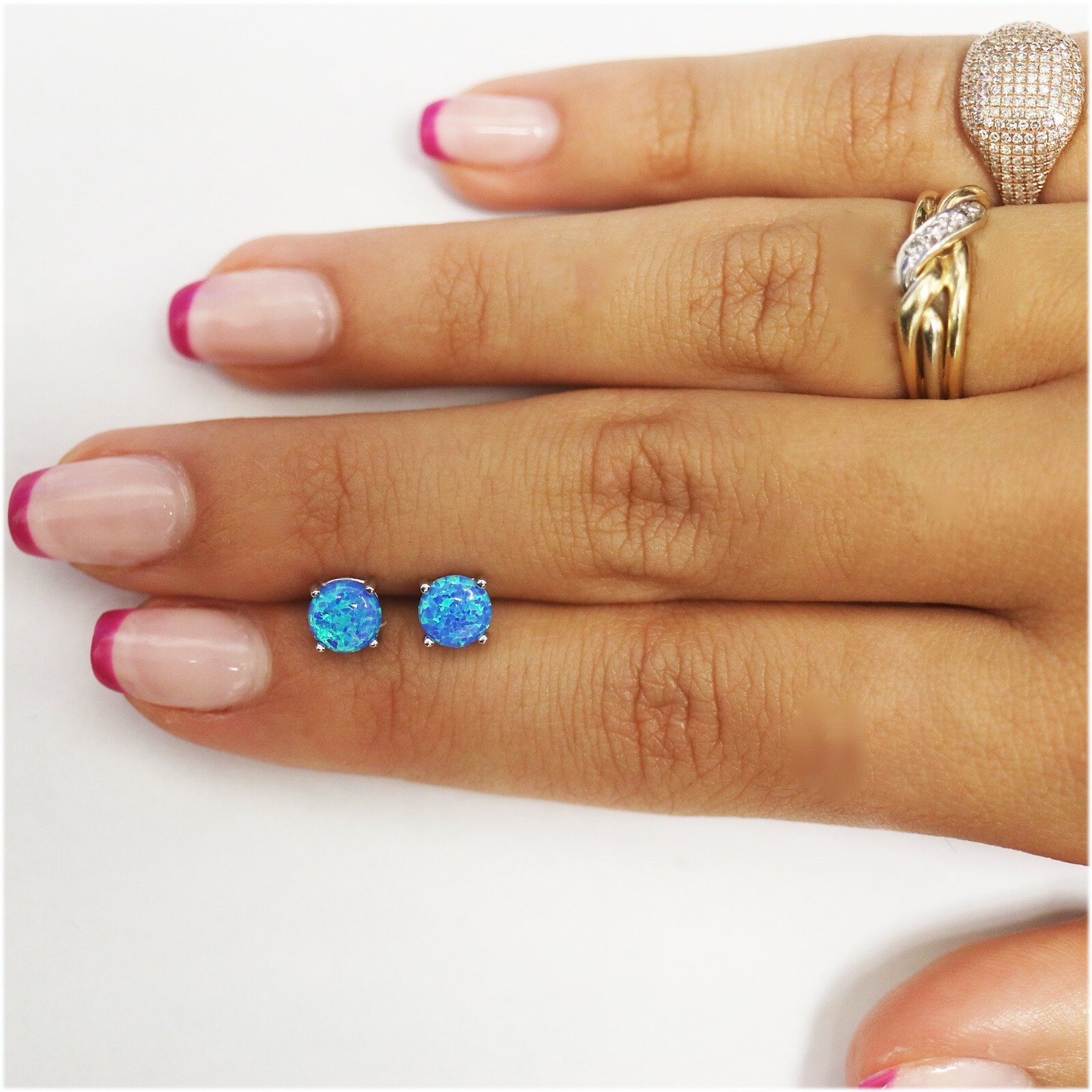 925 Sterling Silver 6mm Round Blue Fire Opal Stud Earrings For Women