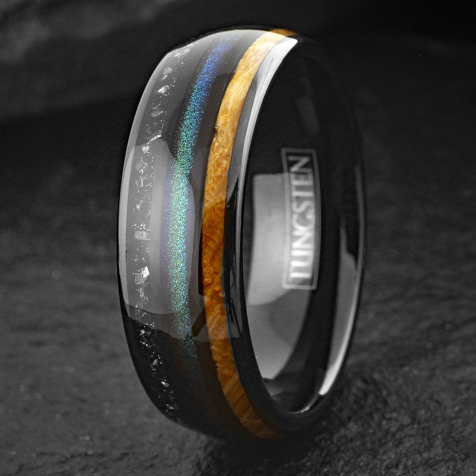 Black Tungsten Carbide Green Sand Whiskey Barrel Wood Faux Meteorite Band Ring