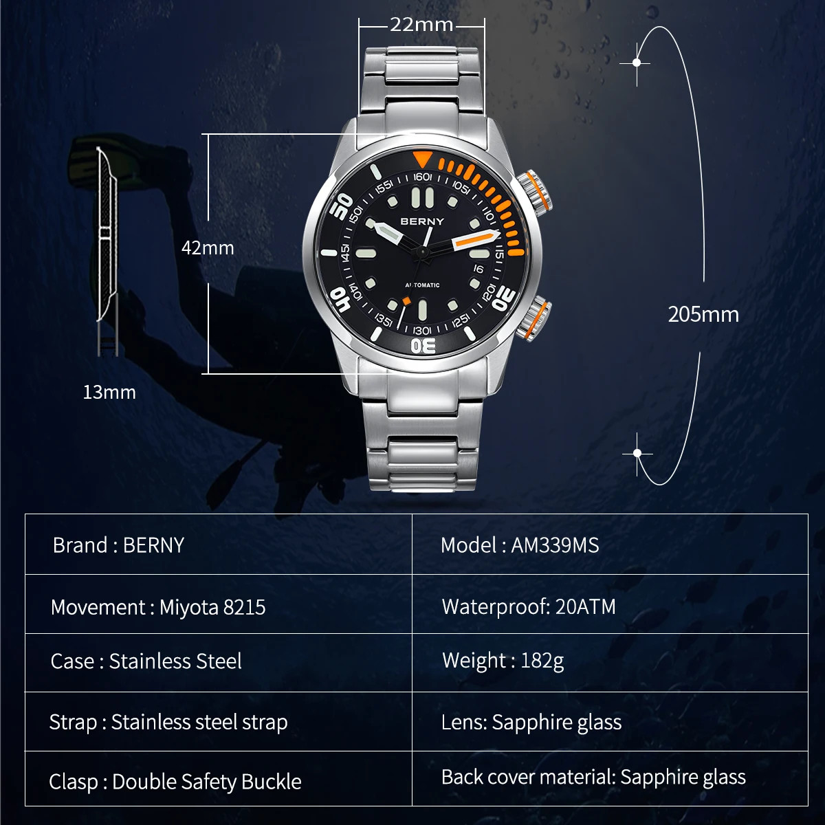 200m Automatic Dive Watch for Men Super Luminous 20ATM Sapphire Glass Swim Sport