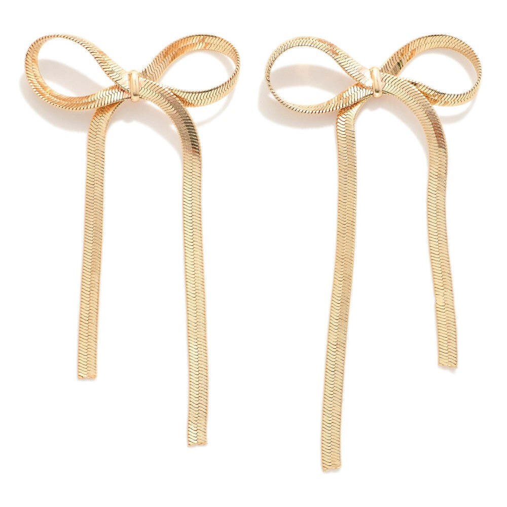 Gold Bow Drop Earrings Herringbone Chain Statement Dangle Earrings