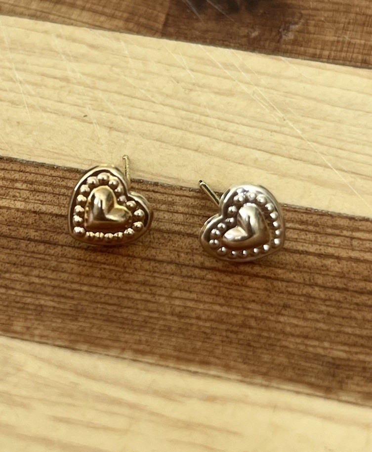 14K Solid Yellow Gold Heart Small Vintage Stud Earring With Gold Backs
