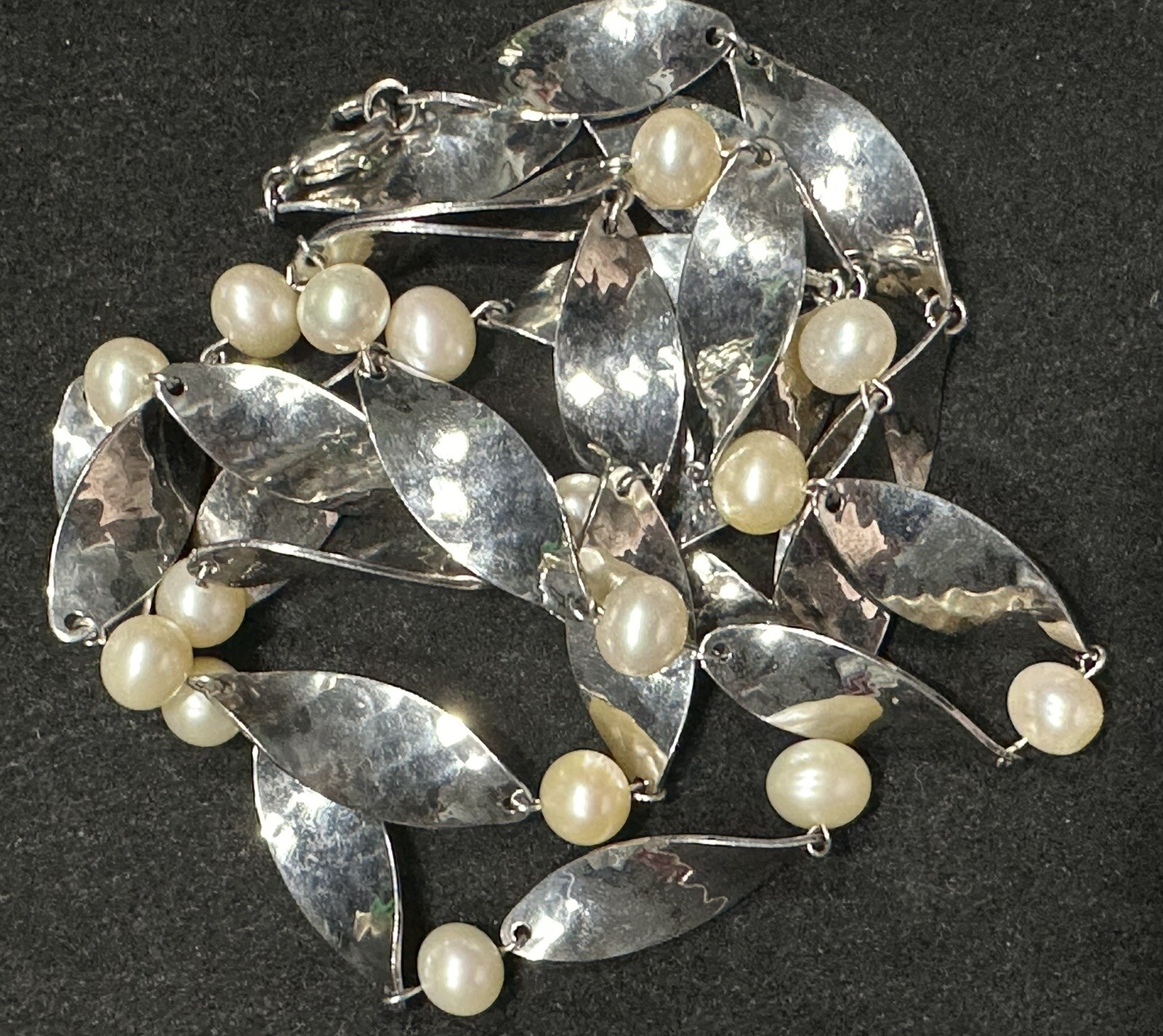 Faux Pearl & Silver Tone Hammered Beads Necklace – 36” Long – Lightweight