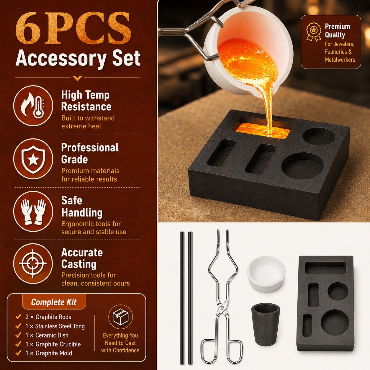 6Pack Metal Melting Refining Kit Graphite Mold Crucible Tongs Rods Copper