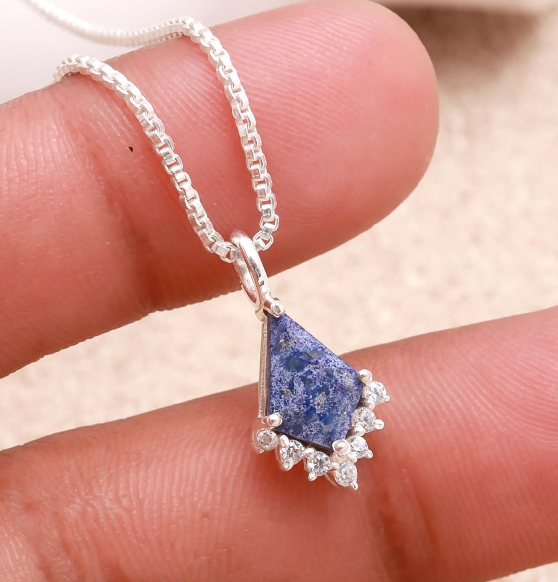 Natural Lapis Lazuli Kite Chain Pendant 925 Sterling Silver Moissanite Jewelry