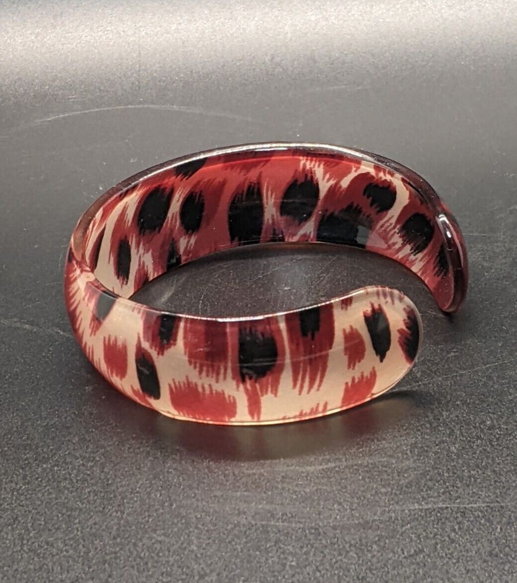 Lucite Cuff BRACELET Translucent Pink Black Leopard Print Bangle Vtg 1″ x 8″