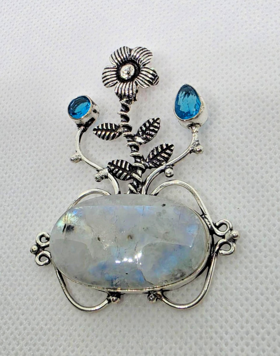 Flower Rainbow Moonstone Blue Topaz 925 Silver Plated Pendant 2.2″