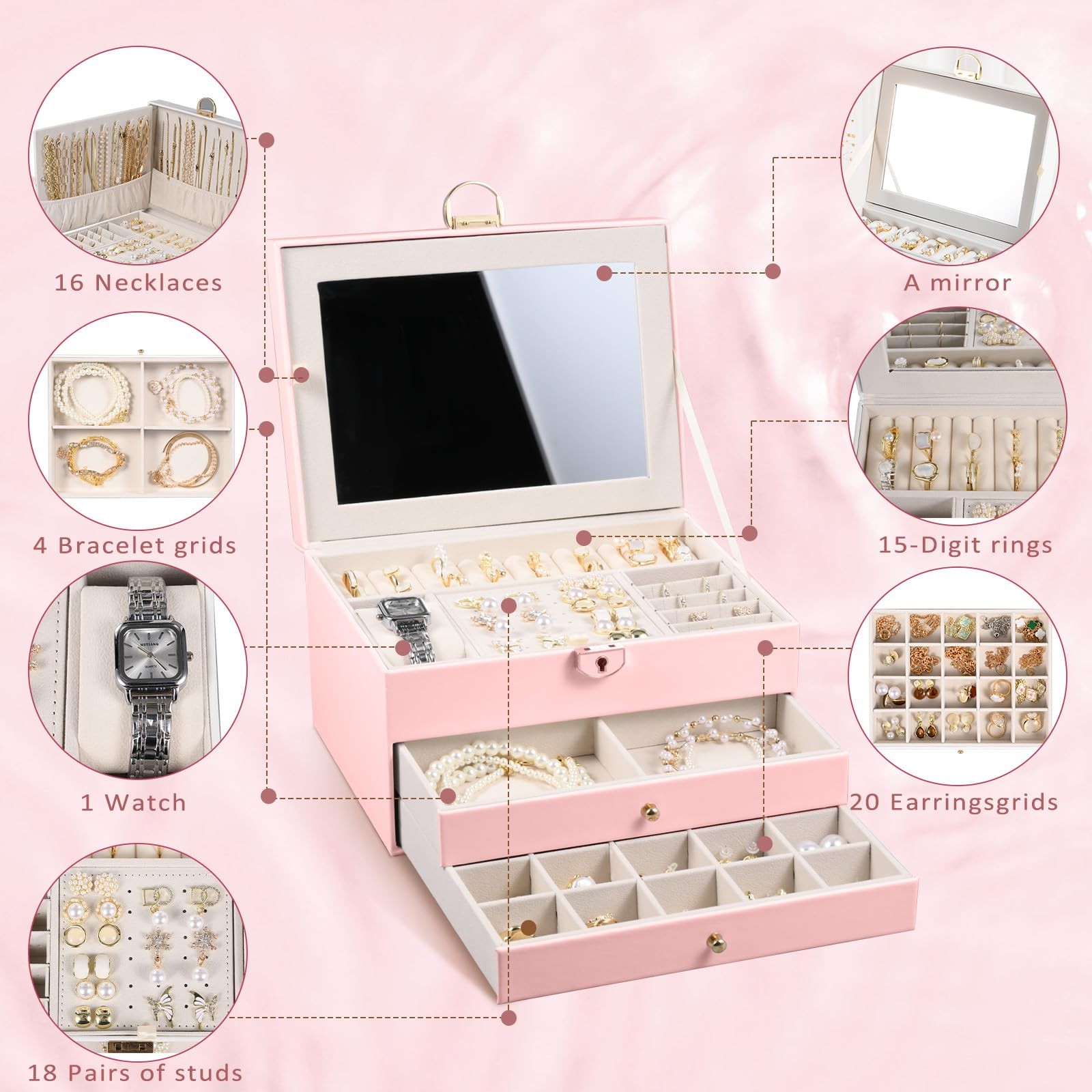 Emazerom 3 Layer Jewelry Boxes Large Holder Organizer Case with Pink