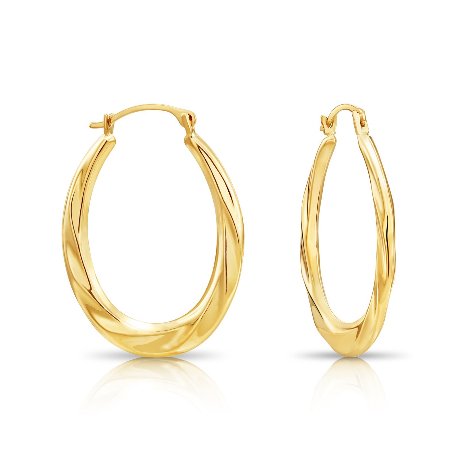 10K Real Solid Yellow Gold Twisted Oval Creole Hoops Earrings Medium Size 22MM