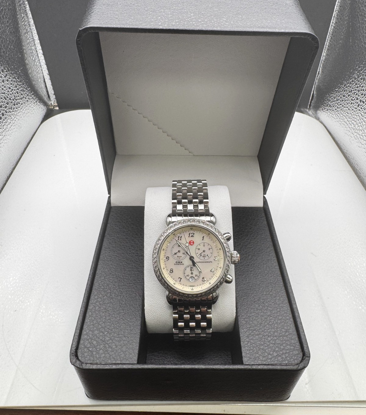 Women SWISS CHRONOGRAPH Watch MICHELE “CSX” 71-3600. Diamonds Bezel. MOP Dial