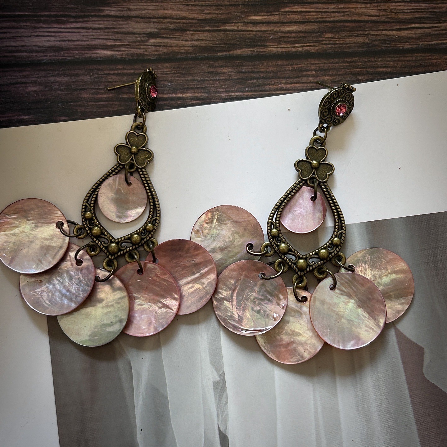 Pink Shell Drop Earrings Antique Bronze Rhinestone Tiered Disc Dangle Jewelry