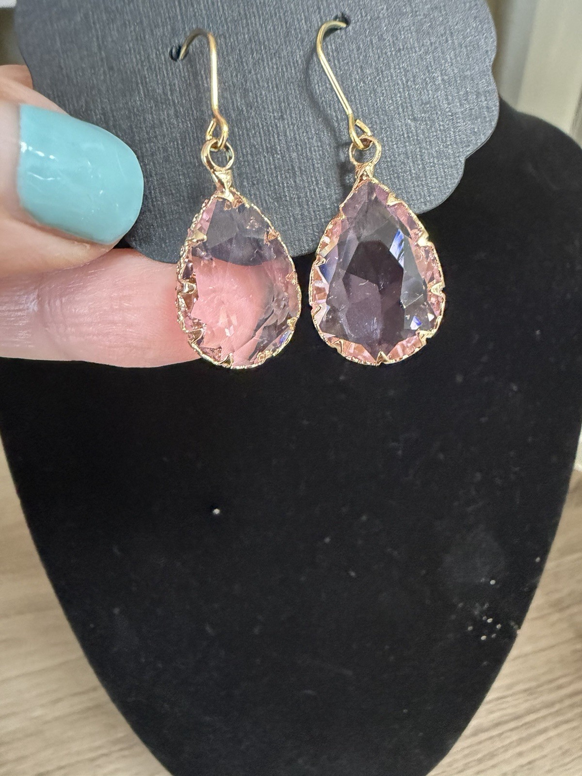 Gold Tone Pink Teardrop Crystal Dangle Drop Hook Earrings Bezel Set
