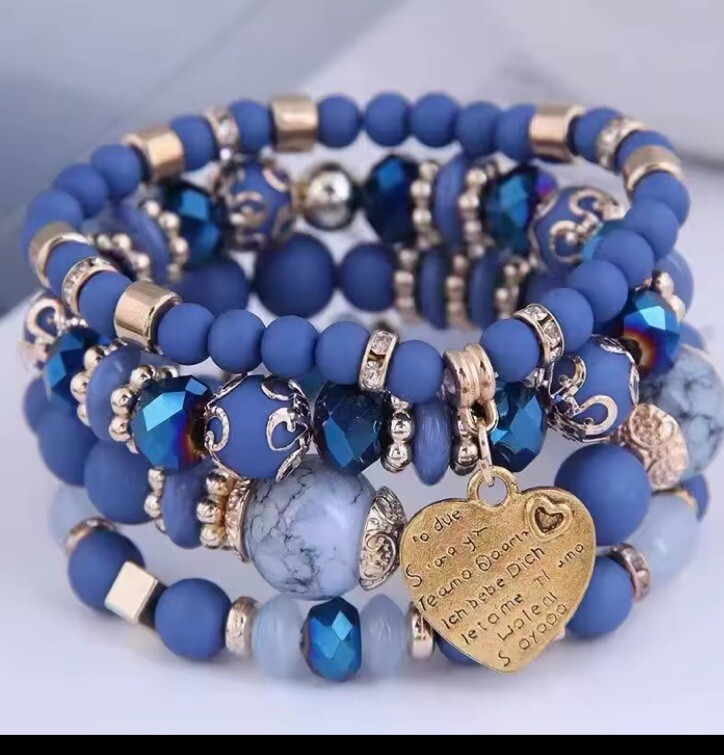 Blue Stackable Bracelet 4pc Set Heart Dangle Charm Women Jewelry&Gift Bag NWT