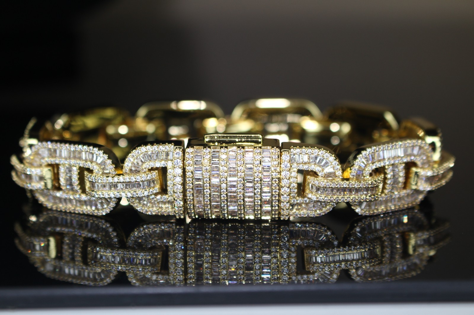 MASSIVE 14mm MARINER Bracelet 18.6ct BAGUETTES Lab Sim VVS1 Diamond 58g GOLD