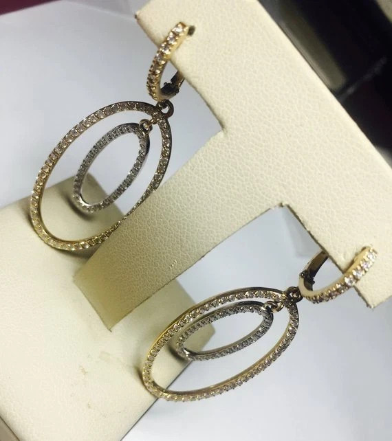 2CT Real VVS Moissanite Oval Shape Dangle Drop Earrings 14K Two-Tone Gold Plated