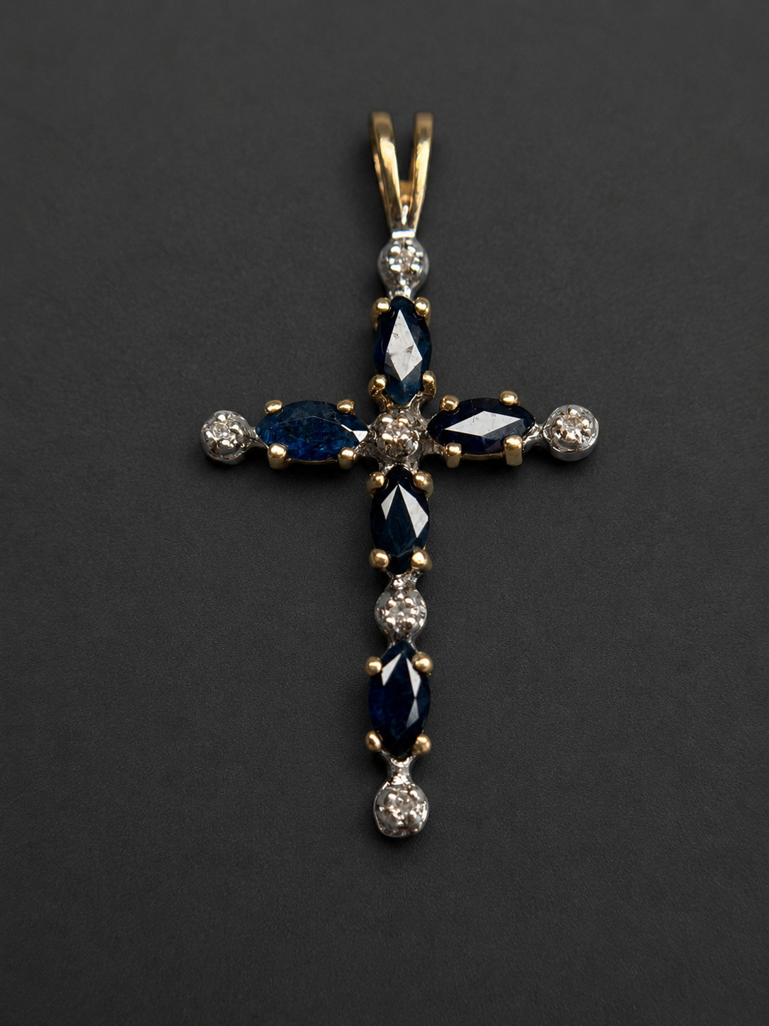 14K Yellow & White Gold Blue Sapphire & Diamond Cross Pendant