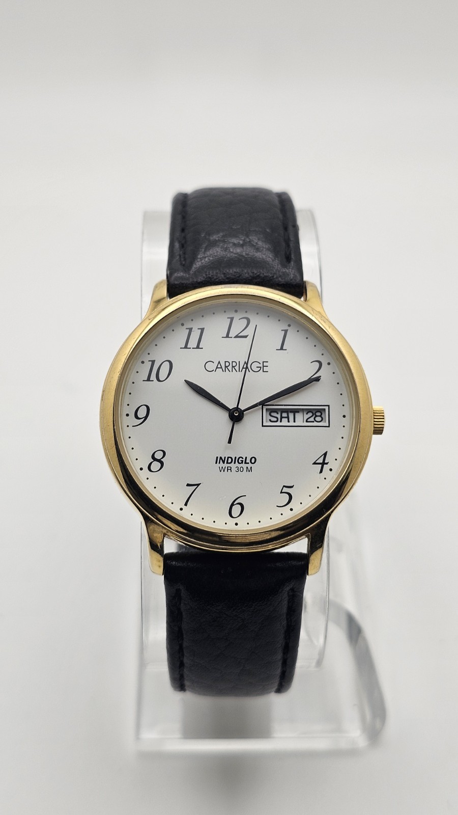 Carriage Day Date Gold Tone Case 35 MM Indiglo White Dial Black Leather Watch