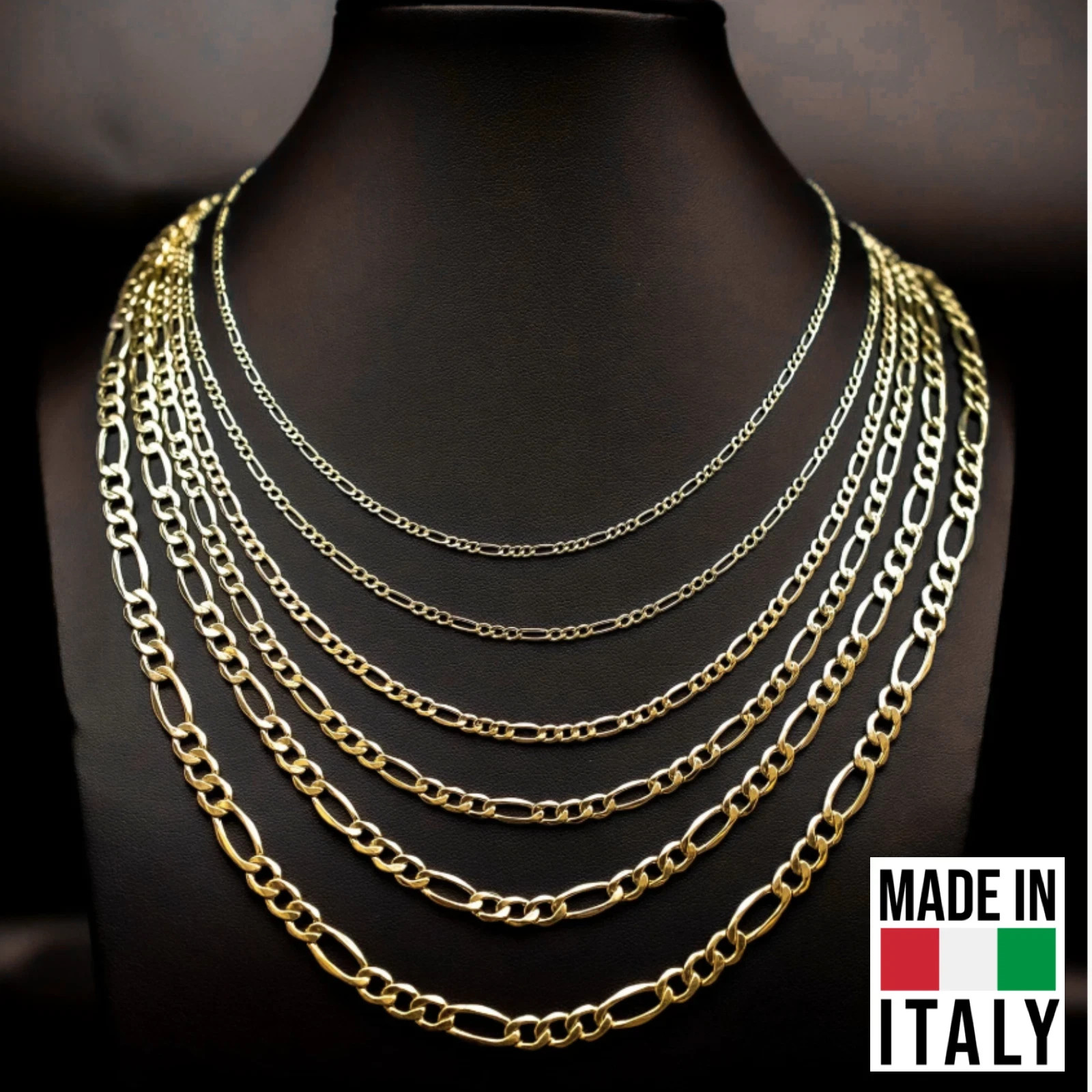 14K Yellow Gold Figaro Necklace Bracelet Chain ITALIAN Real – on Solid Silver