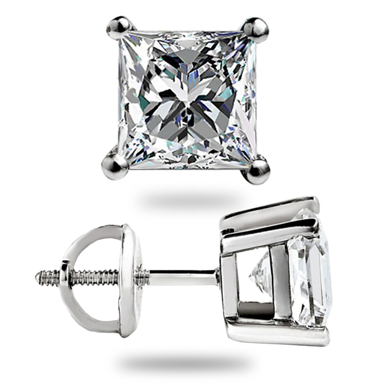 3 Ct Princess Cut GRA Moissanite Stud Earrings 14K Solid White Gold 6.5mm New