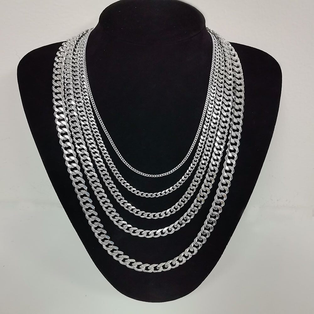 16-30″ Stainless Steel Silver Chain Cuban Curb Womens Mens Necklace 3/5/7/9/11mm