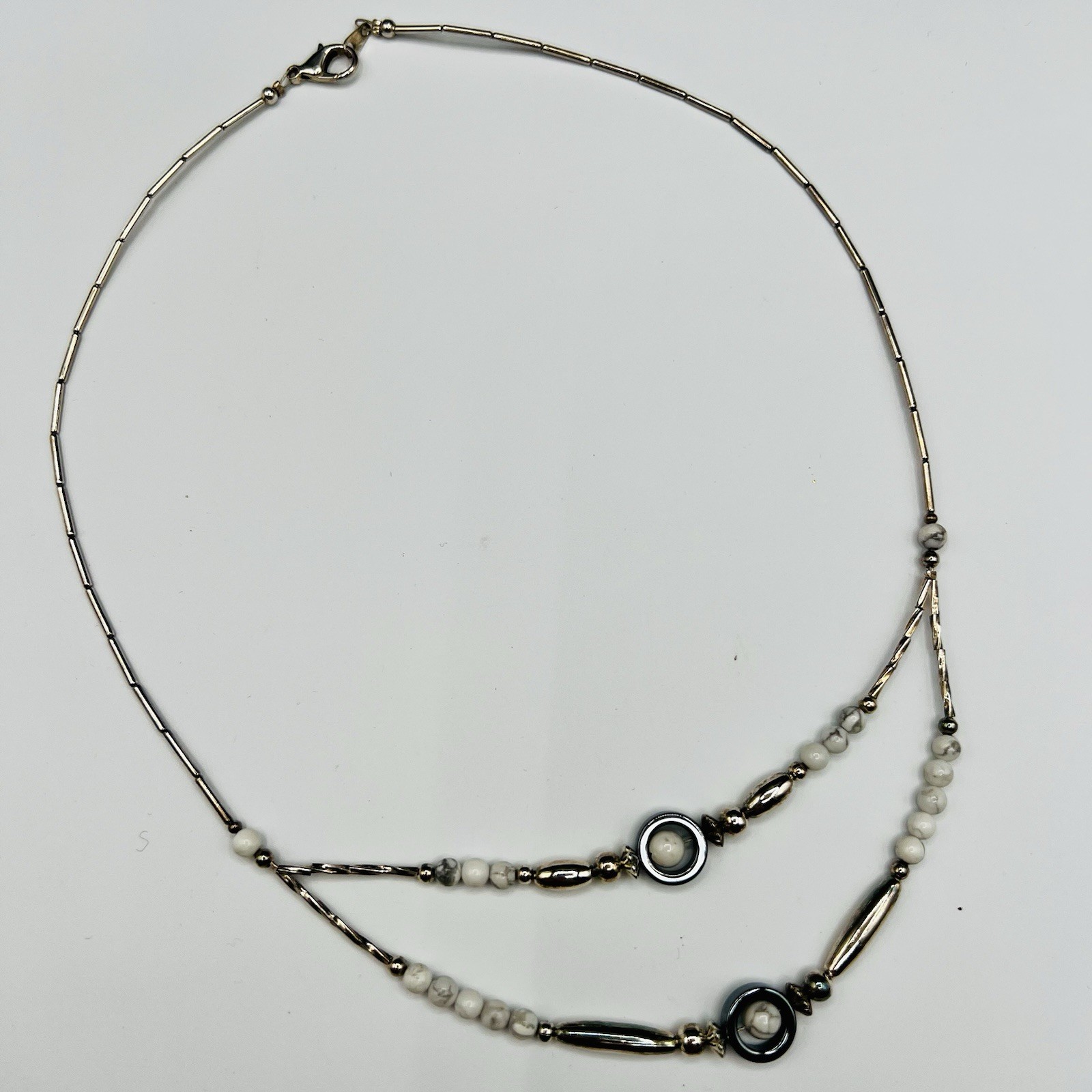 Vintage Silver Tone White Gray Marble Cabochon & Rose Ball Layered Necklace Lot
