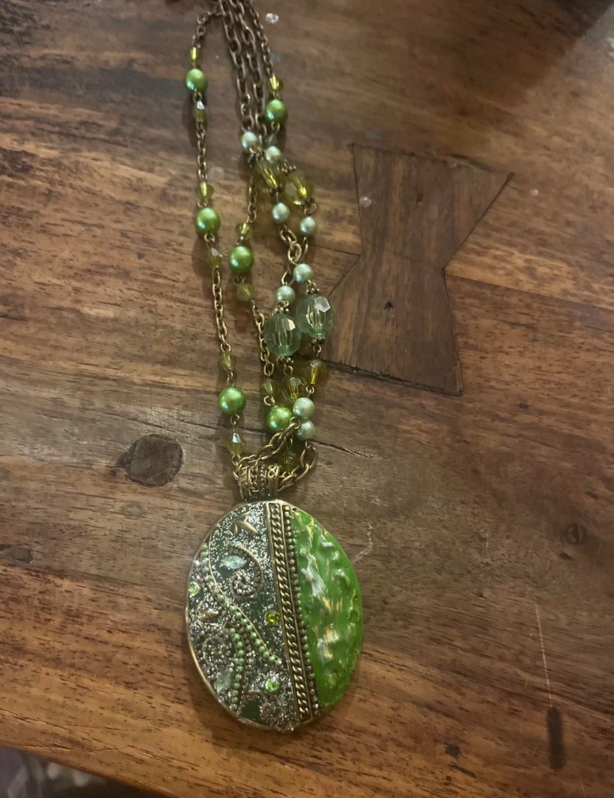 Green Gold Tone Beaded Necklace Oval Charm Pendant Clear Crystal Pavé