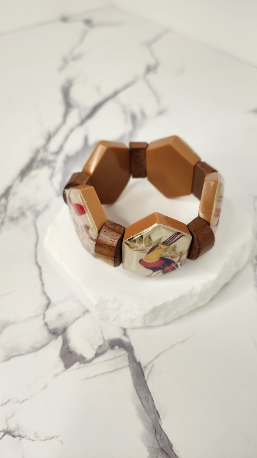 Boho Tropical Wooden Hexagon Tile Bracelet Acrylic Resin Bird Print Statement