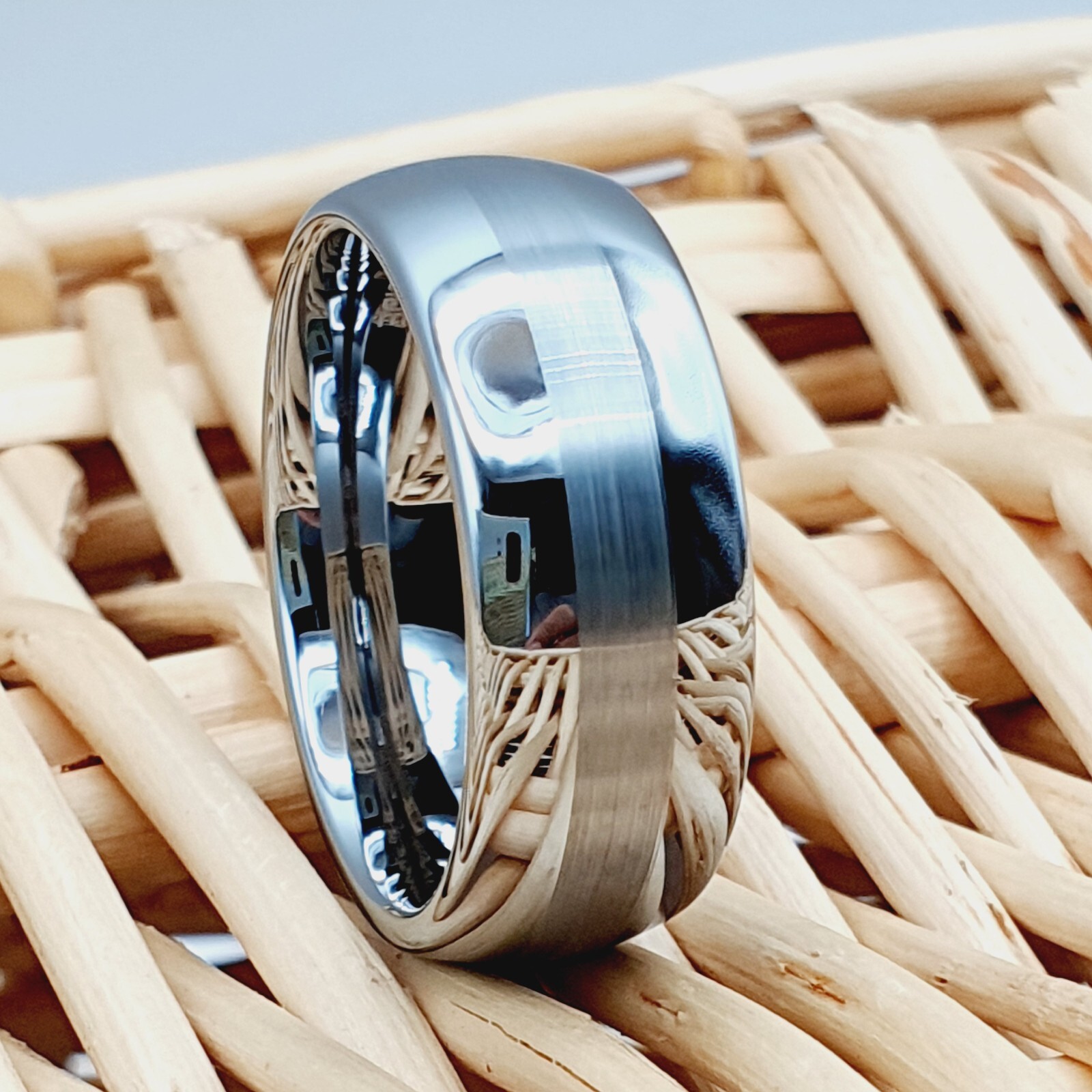 Satin Brushed Center Stripe Dome Silver Ring Anniversary Band for Couples