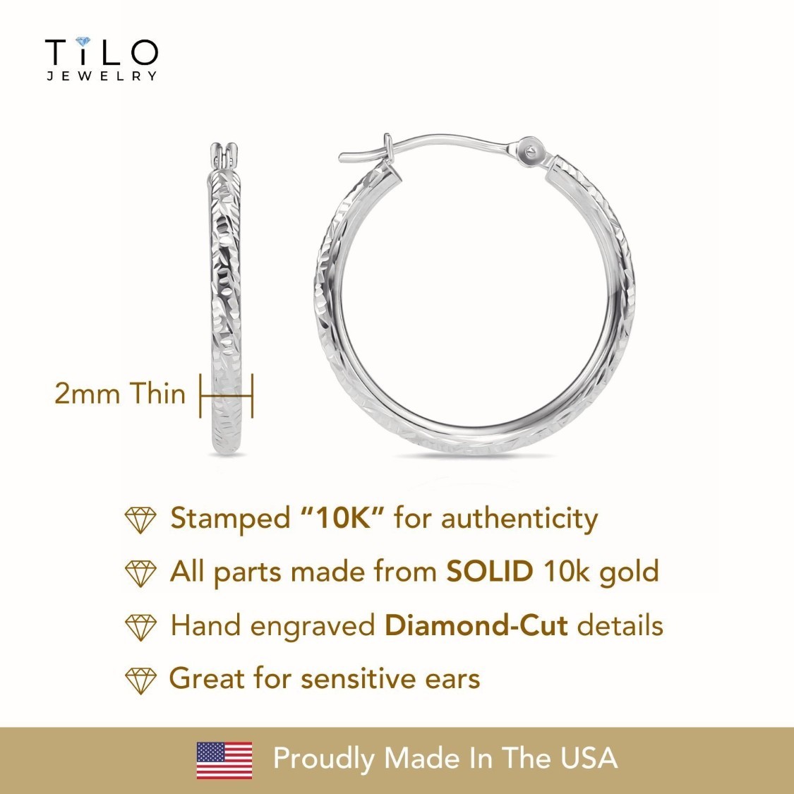 10K Solid White Gold Hand Engraved Diamond-Cut Creole Hoops Earrings All Sizes