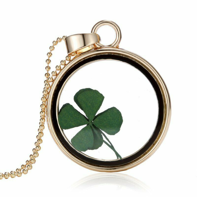 Natural Real Dried Clover Flower Clear Resin Locket Pendant Necklace Four-Leaf