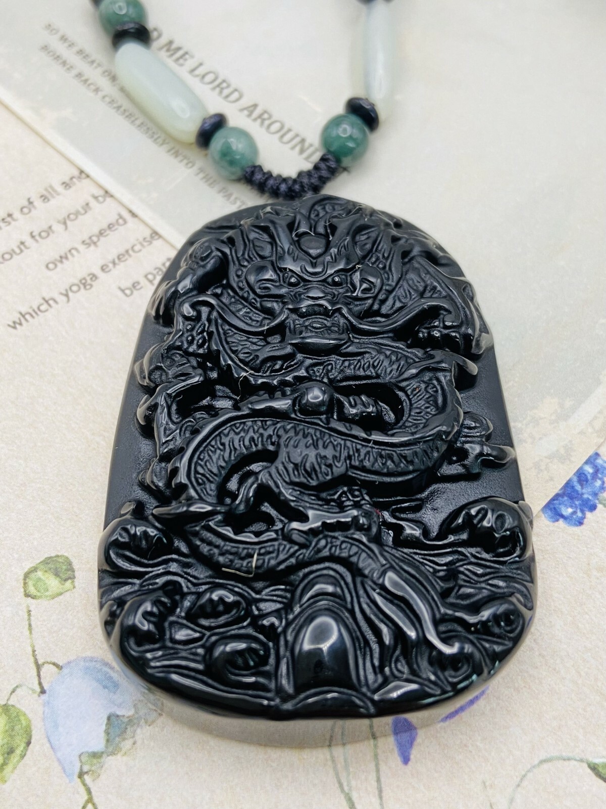 Jade Obsidian Dragon Charm Pendant Necklace Beads Cord Handmade Carved Gemstone