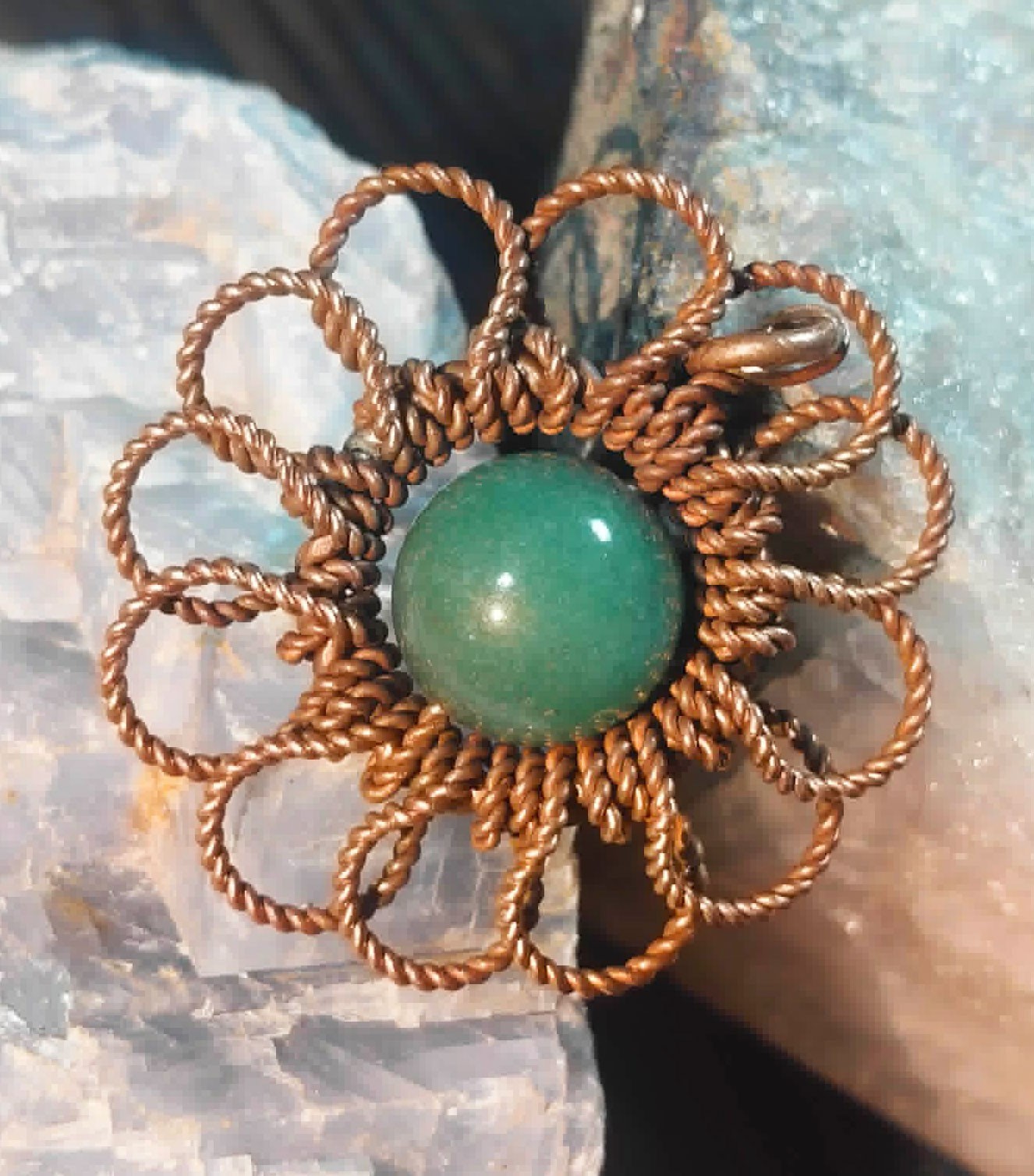 Flower Pendant Daisy Copper Wire Wrapped Green Aventurine Lucky Jewelry #PM4