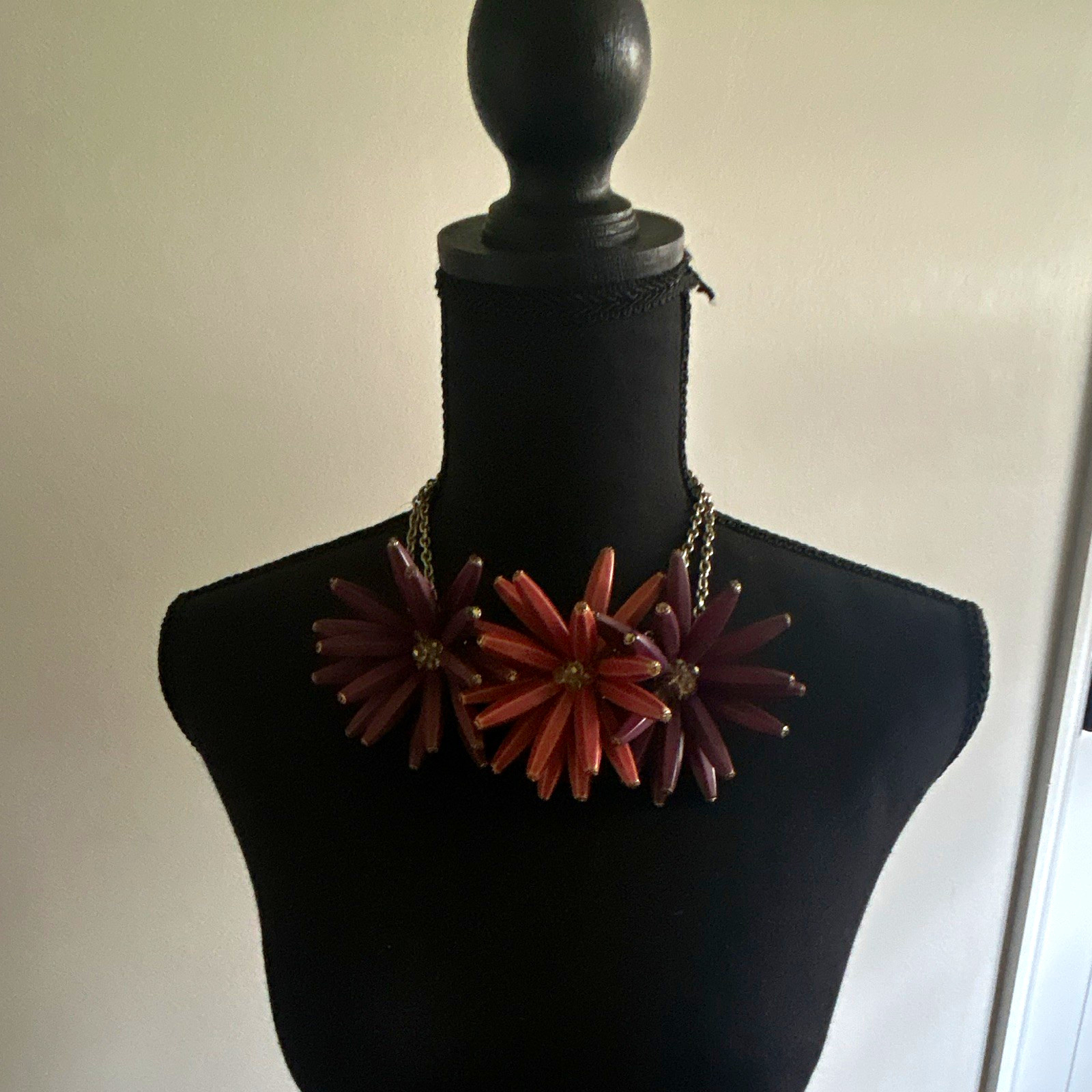Brown Flower Statement Bib Necklace Plastic Cable Chain No Stone