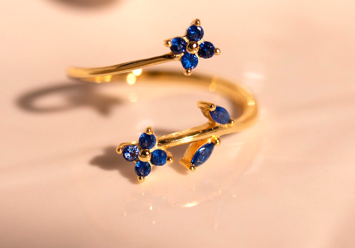leaf shape ring blue Sapphire ring Floral jewelry gold plated 925 silver ring