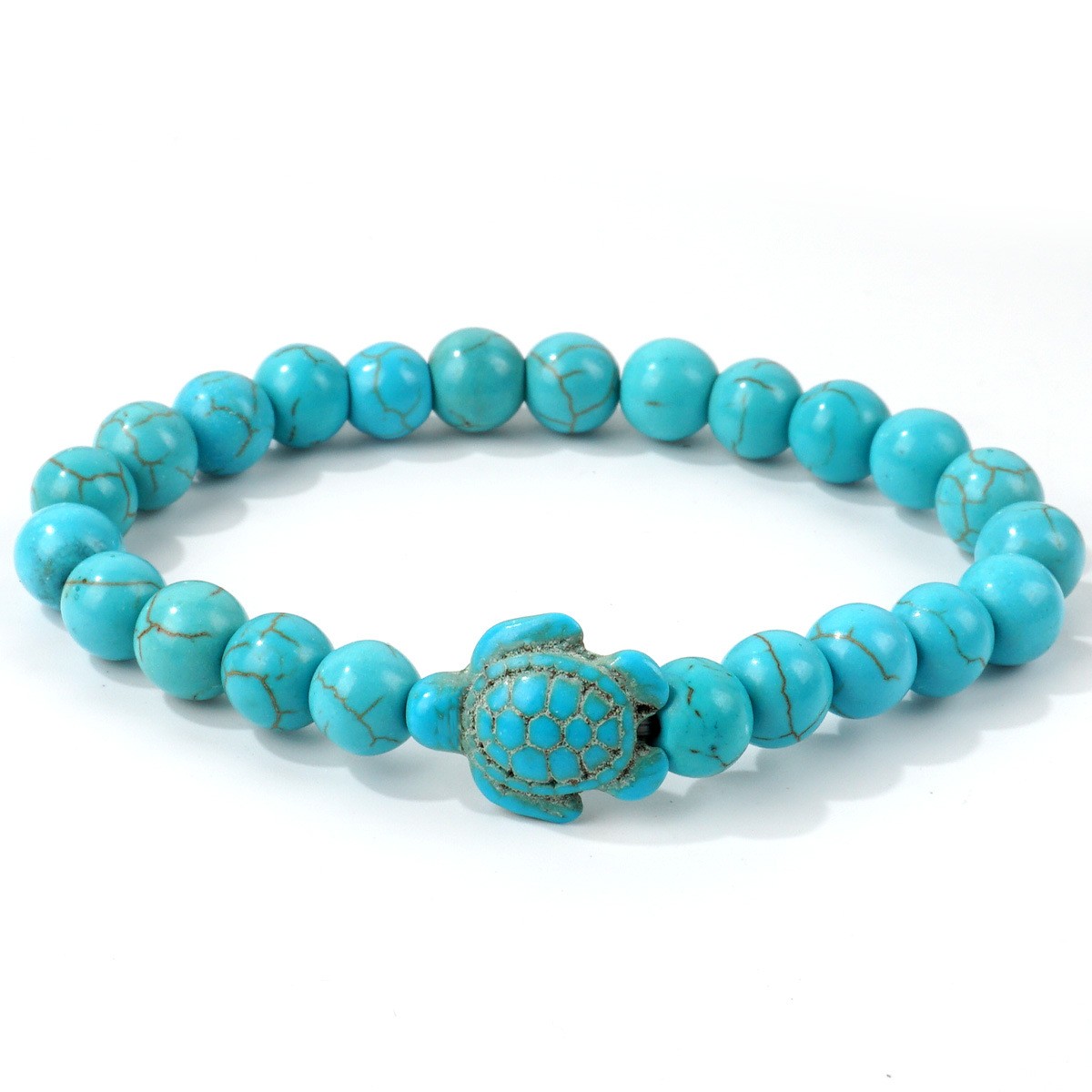 Natural Turquoise with Turtle Pendant—Stretchable Protective Bracelet for Women