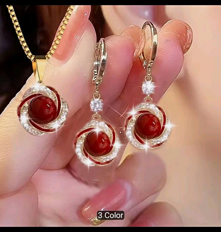 Gold Tone Pearl & Crystal Necklace Pendant + Drop Earrings Jewelry Set