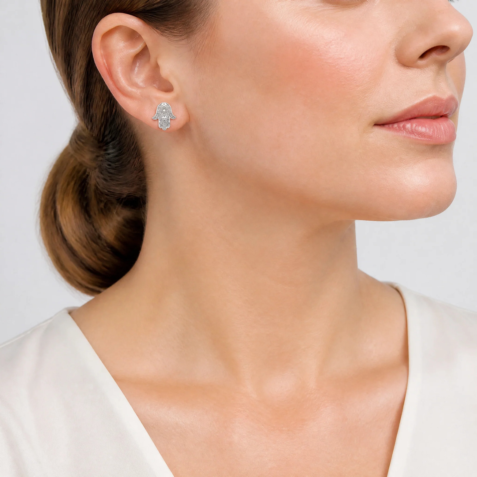 Sterling Silver Polished Designed Hamsa Post Earrings