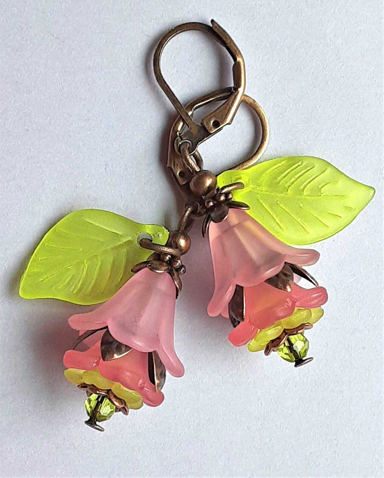 PEACH PINK acrylic FLOWER & Peridot Crystal earring COPPER LEVER BACK XX