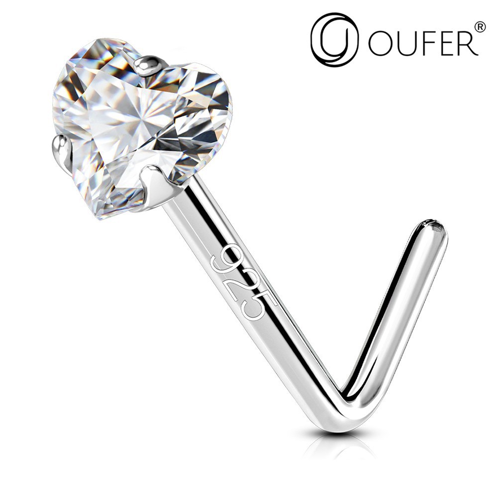 0.1ct Diamond 925 Sterling Silver Heart L-Shape Nose Stud