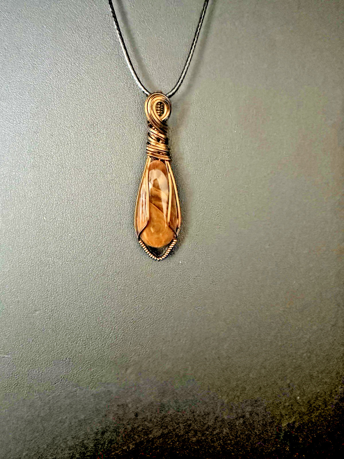 Hand Polished Jasper Stone Necklace In antique bronze craft wire Handmade