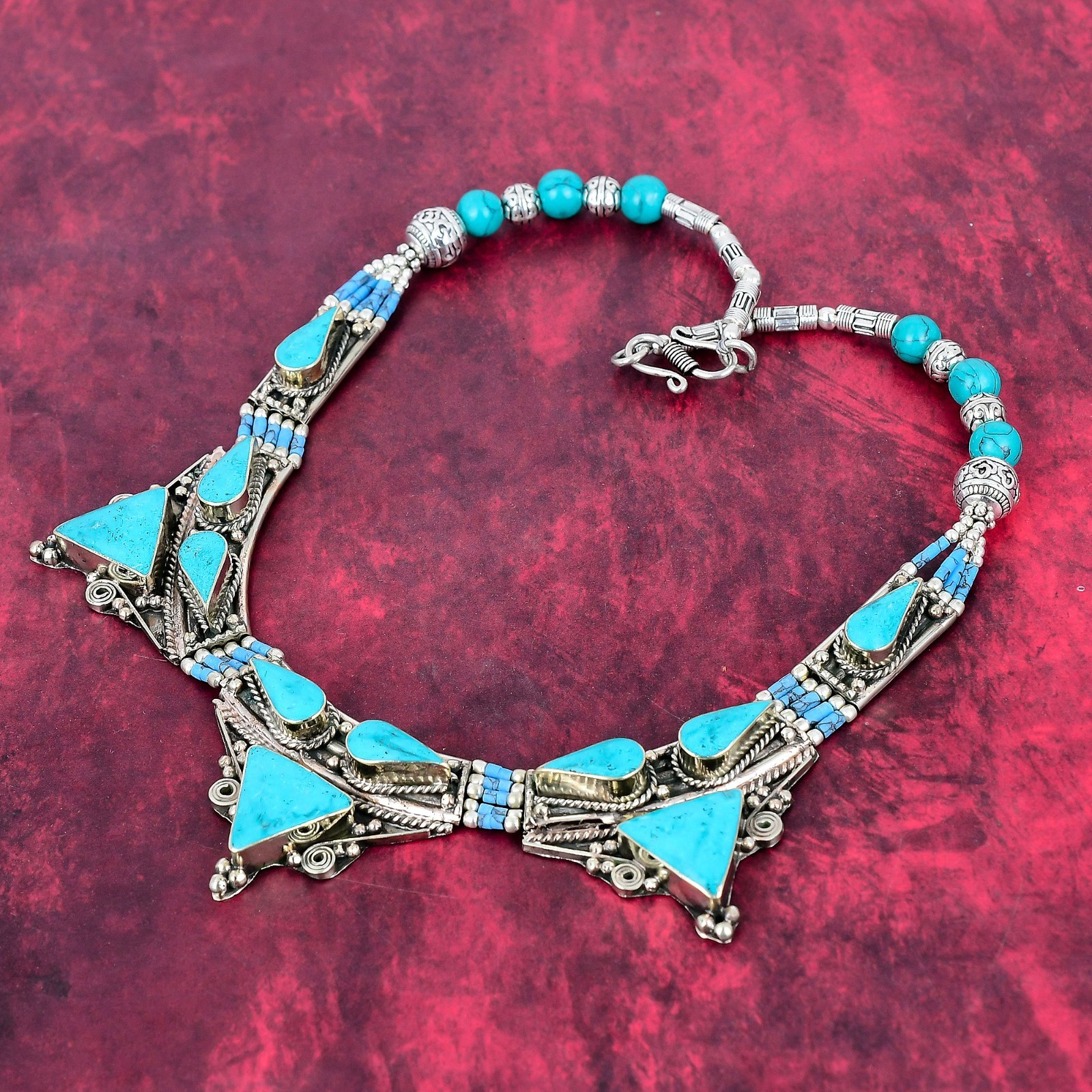 Tibetan Turquoise Gemstone Handmade 925 Sterling Silver Nepali Jewelry Necklace